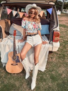Off The Shoulder Floral Print Crop Blouse