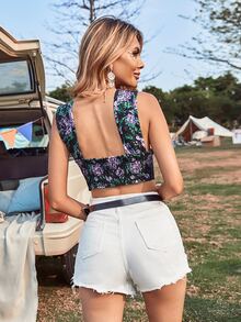 SHEIN Unity Floral Shirred Back Crop Tank Top - Multicolor - View 2
