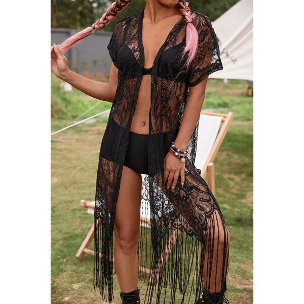 

Lace Fringe Hem Kimono, Black