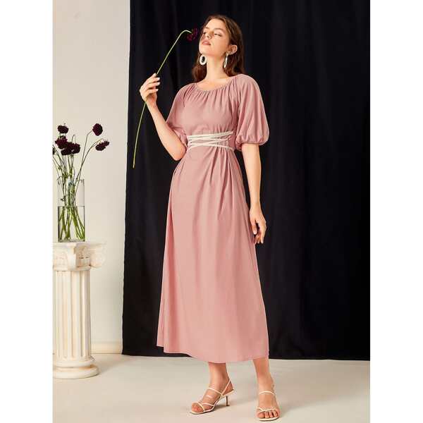 

Bishop Sleeve Lace Up A-line Dress, Dusty pink