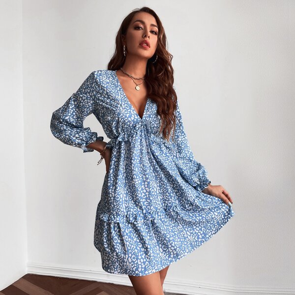 

Allover Print Cut Out Tie Back Dress, Blue and white