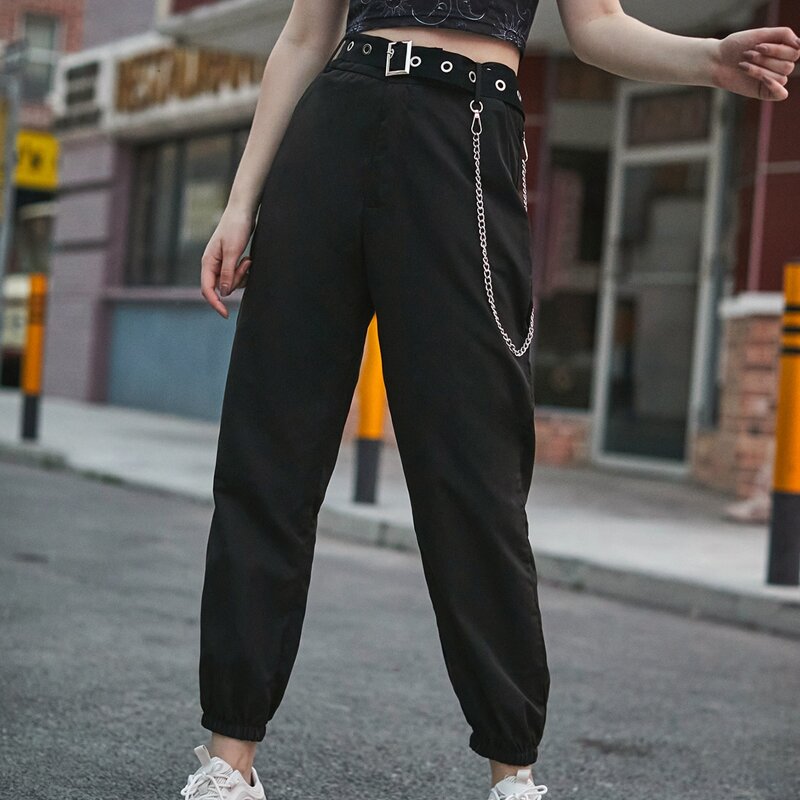 

Solid Chain Joggers With Grommet Eyelet Belt, Black