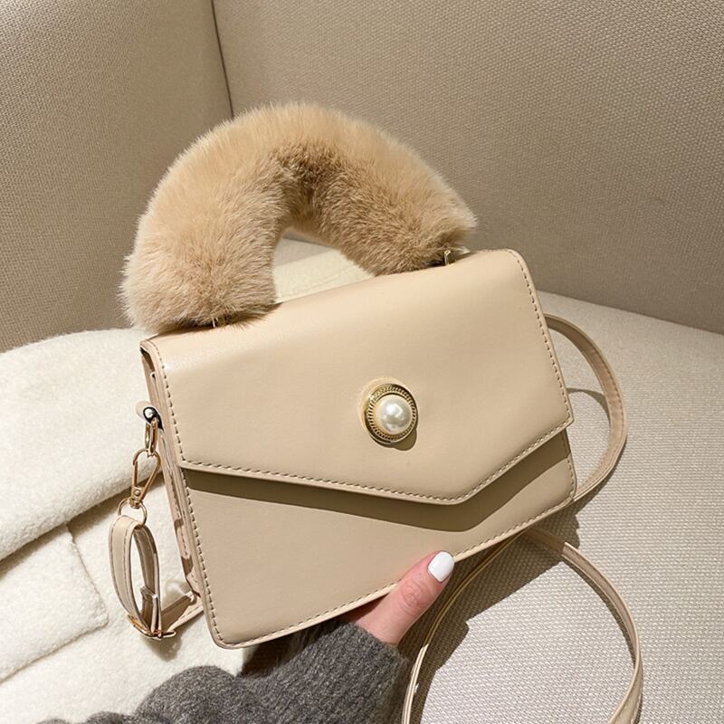 

Fluffy Handle Solid Satchel Bag, Khaki