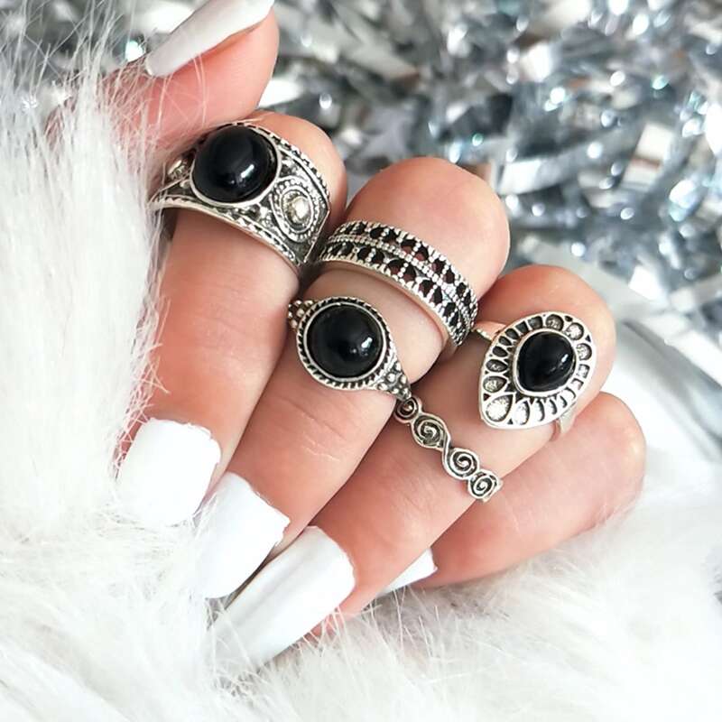 

5pcs Gemstone Decor Ring, Black
