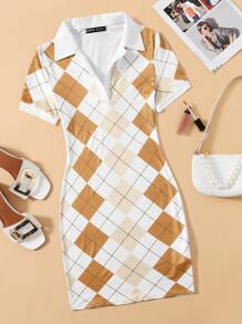 SHEIN Qutie Argyle Print Bodycon Dress - Multicolor - View 1