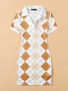 SHEIN Qutie Argyle Print Bodycon Dress - Multicolor - View 3