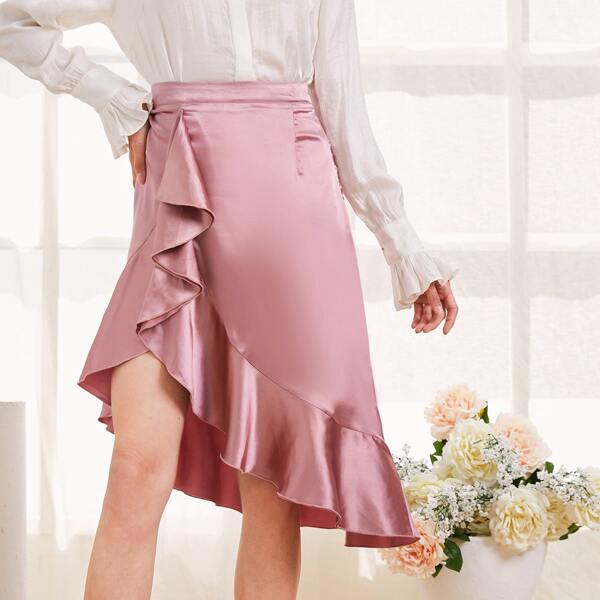 

Ruffle Hem Zipper Side Skirt, Pink