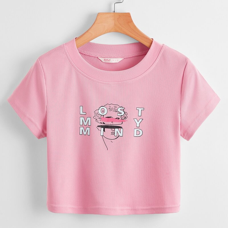 

Letter Figure Graphic Ribbed Tee, Pink