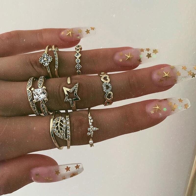 

8pcs Rhinestone Decor Ring, Gold