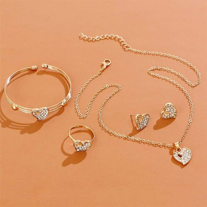 

5pcs Rhinestone Heart Jewelry Set, Gold