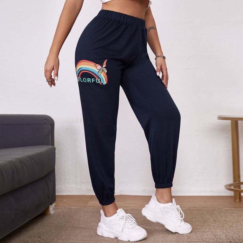 

Letter & Rainbow Stripe Graphic Cropped Sweatpants, Navy blue