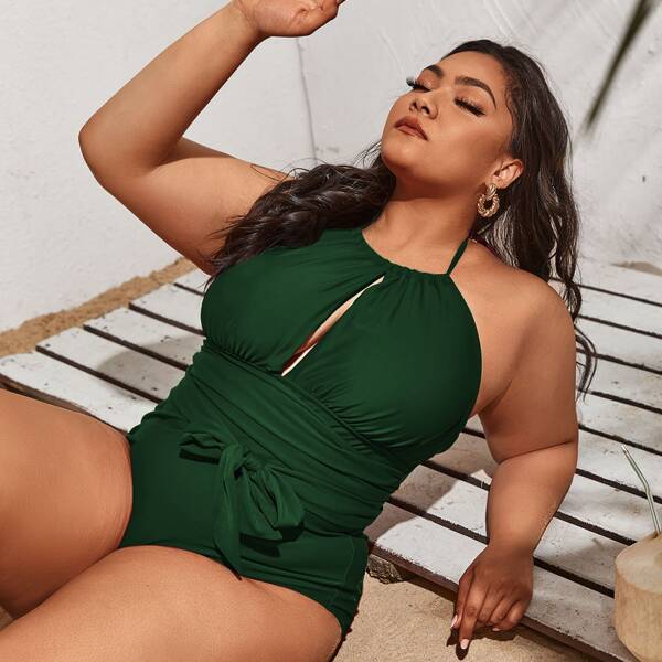 

Plus Knot Front Halter One Piece Swimsuit, Green