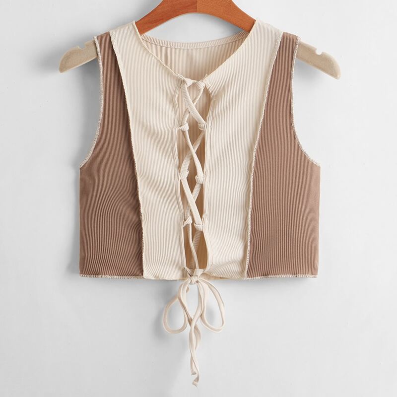 

Colorblock Lace Up Ribbed Tank Top, Multicolor