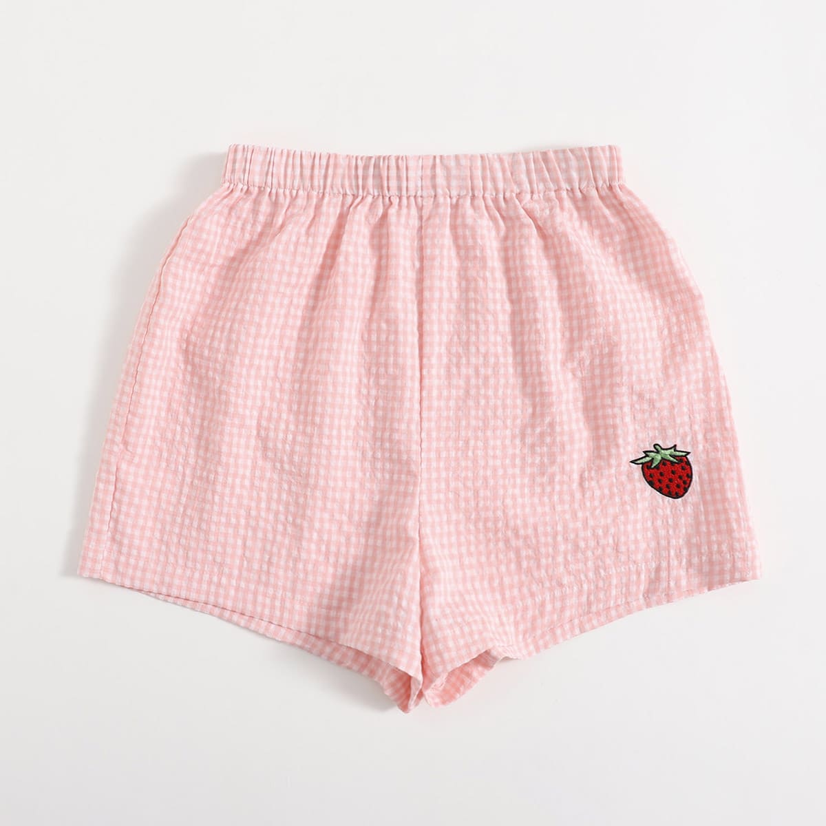 

Strawberry Embroidery Gingham Shorts, Pink