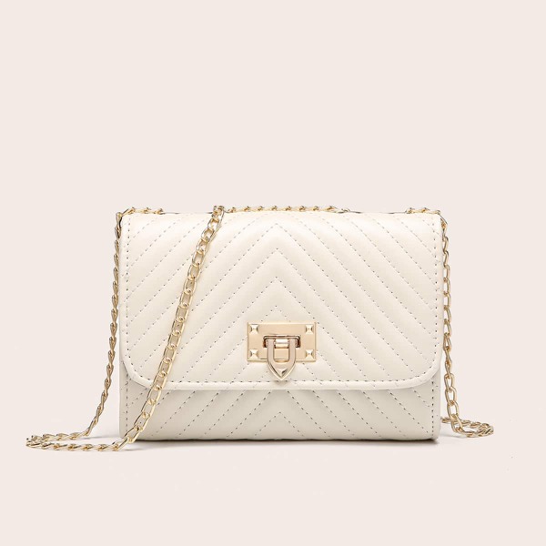 

Metal Lock Quilted Chain Shoulder Bag, Beige