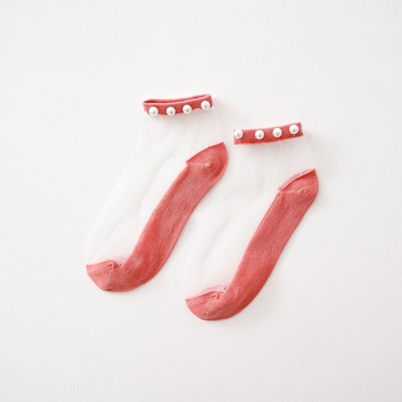 

1pair Faux Pearl Decor Mesh Socks, Red