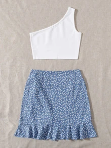 SHEIN Unity 單肩上衣和小碎花圍裹半身裙