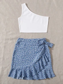 SHEIN Unity 單肩上衣和小碎花圍裹半身裙