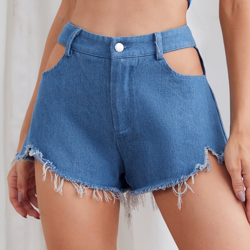 

Cutout Waist Raw Hem Denim Shorts, Medium wash