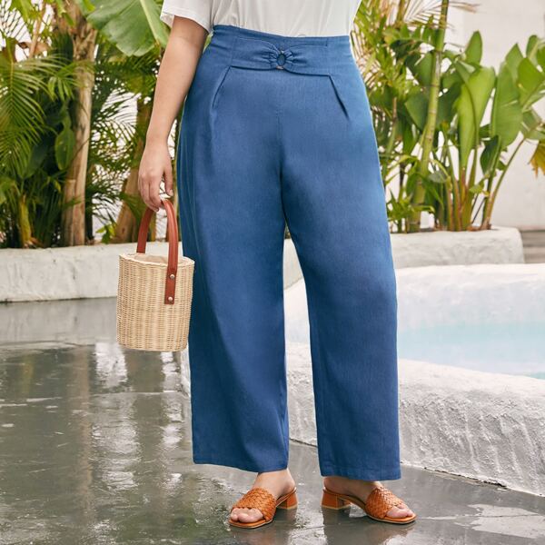 

Plus O-ring Belted Solid Pants, Dusty blue