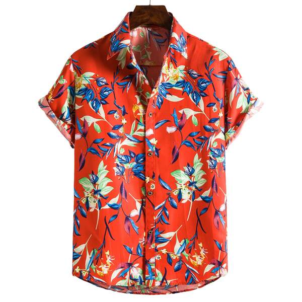 

Men Plants Print Curved Hem Shirt, Red