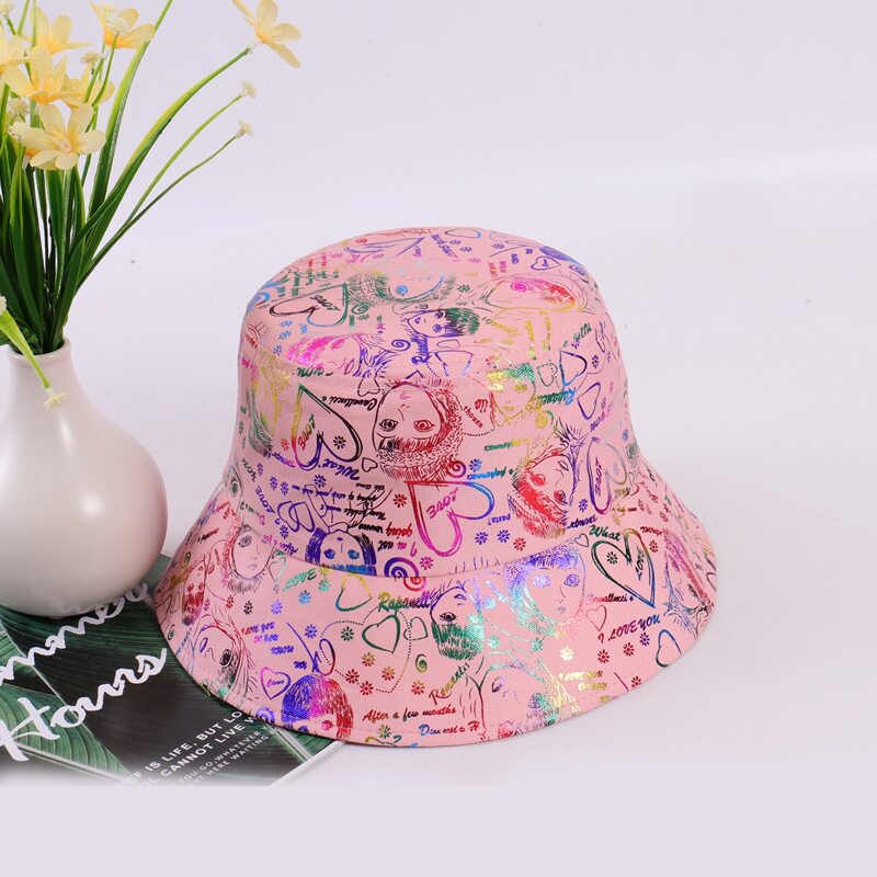 

Figure & Heart Pattern Bucket Hat, Baby pink