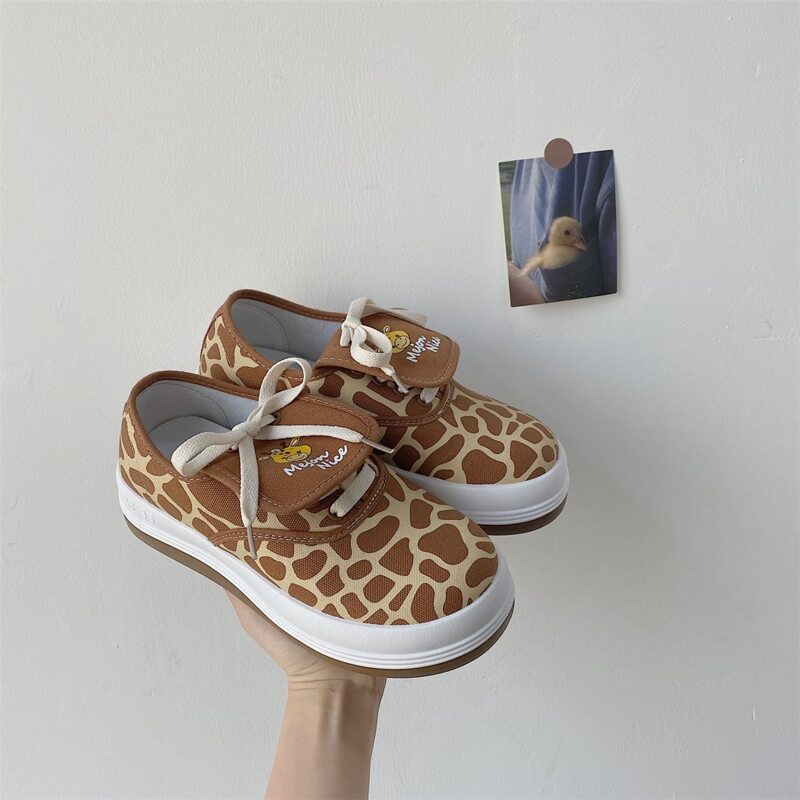 Cartoon Lace-up Canvas Sneakers, Brown