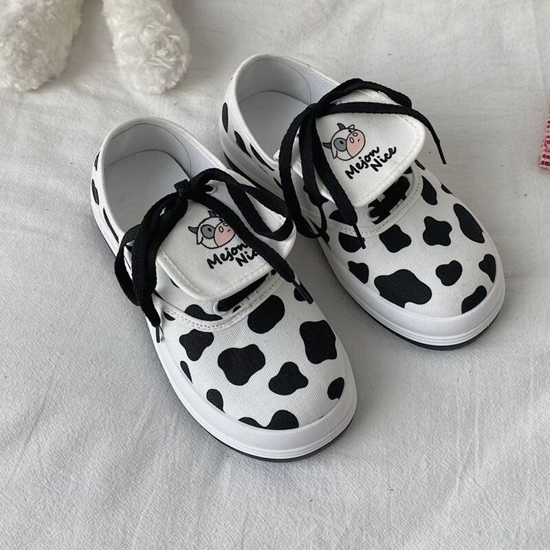

Cow Print Lace-up Canvas Sneakers, Black and white