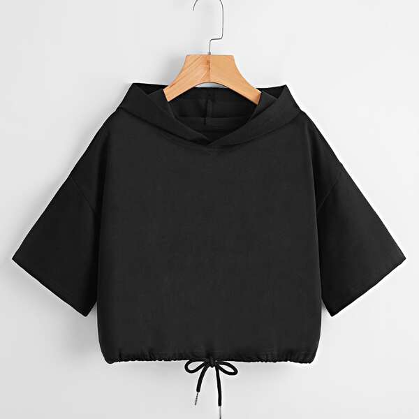 

Solid Drawstring Hem Hooded Sweatshirt, Black