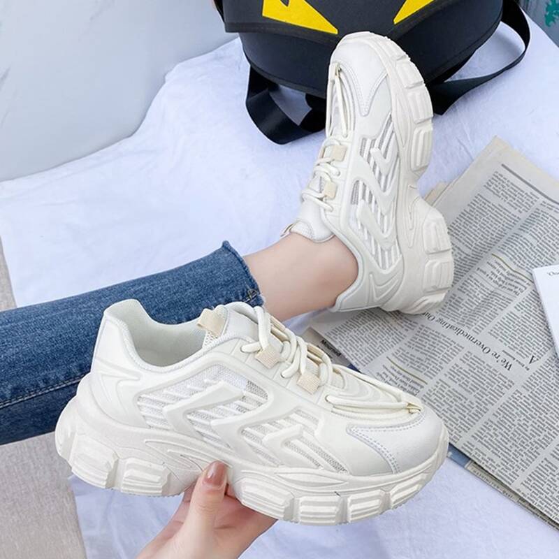 

Striped Lace-up Chunky Sneakers, Beige