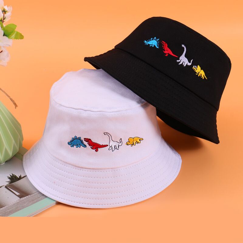

2pcs Guys Dinosaur Embroidery Bucket Hat, Black and white
