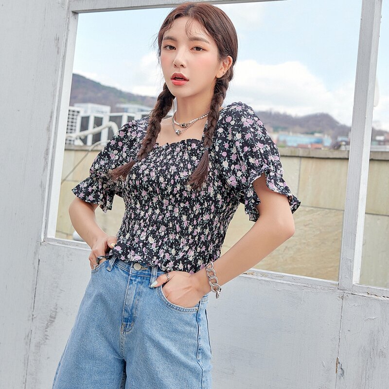 

Floral Print Shirred Peplum Blouse, Multicolor