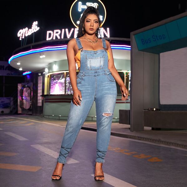 

Plus Pocket Patched Ripped Denim Overalls, Light wash