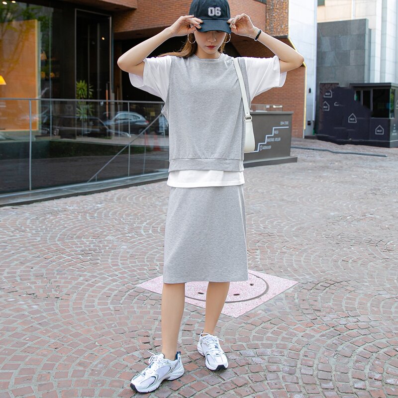 

2pcs Heather Gray Tank Top & Knit Skirt, Light grey