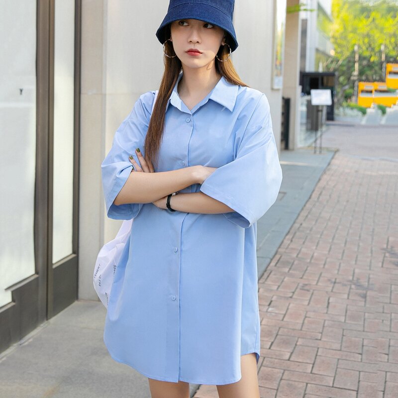 

Drop Shoulder Roll Sleeve Shirt Dress, Blue