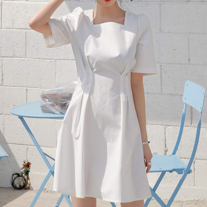 

Solid Square Neck A-line Dress, White