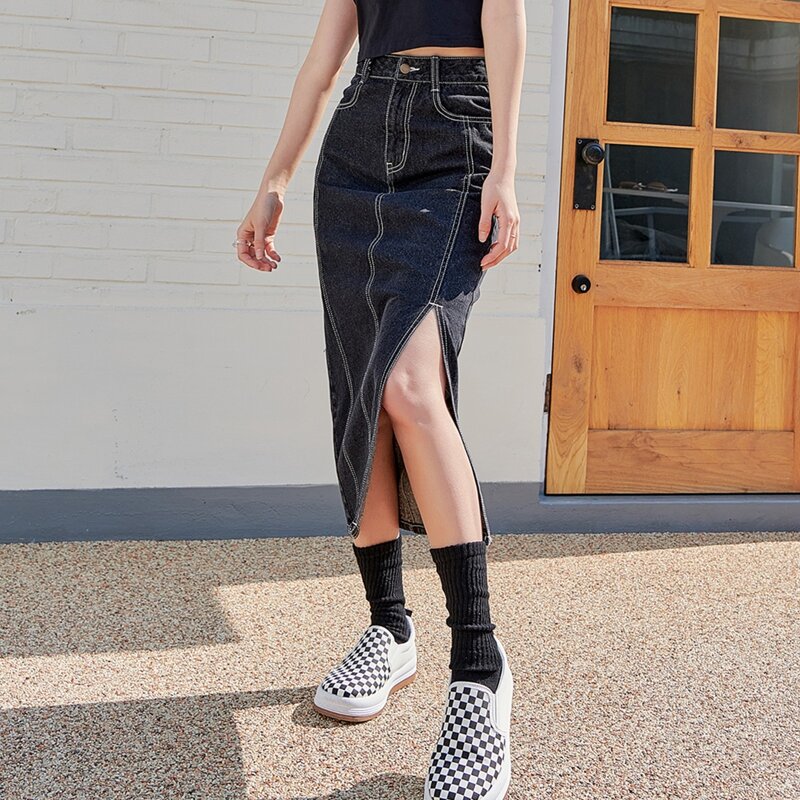 

Split Thigh Contrast Top-stitching Denim Skirt, Black
