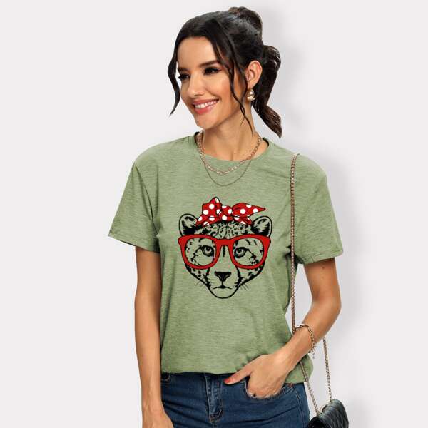 

Leopard & Polka Dot Print Tee, Army green