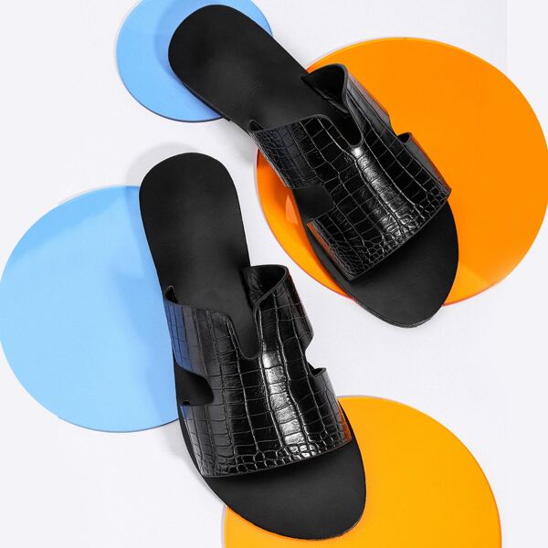 

Croc Embossed Cut-out Slide Sandals, Black