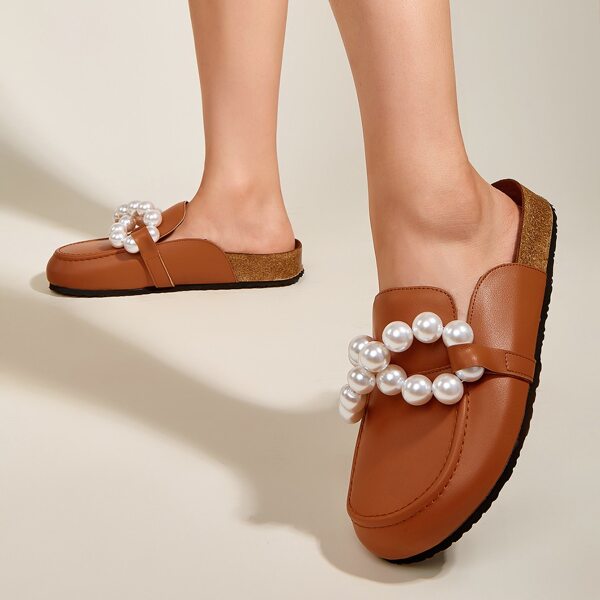 

Faux Pearl Decor Flat Mules, Brown