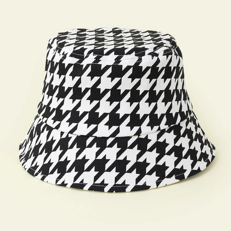 

Houndstooth Print Bucket Hat, Black