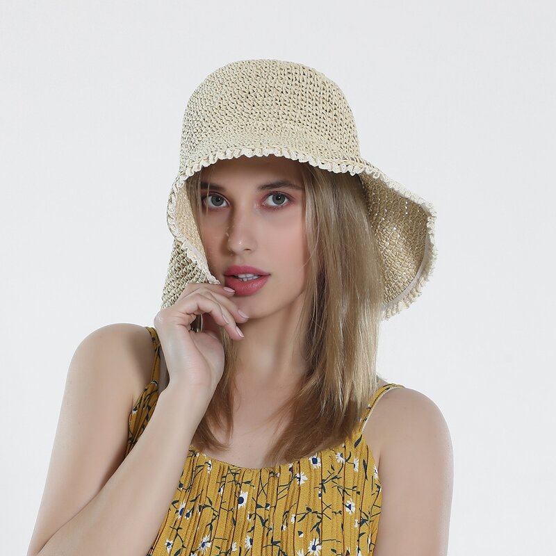 

Lace Trim Decor Straw Hat, Beige