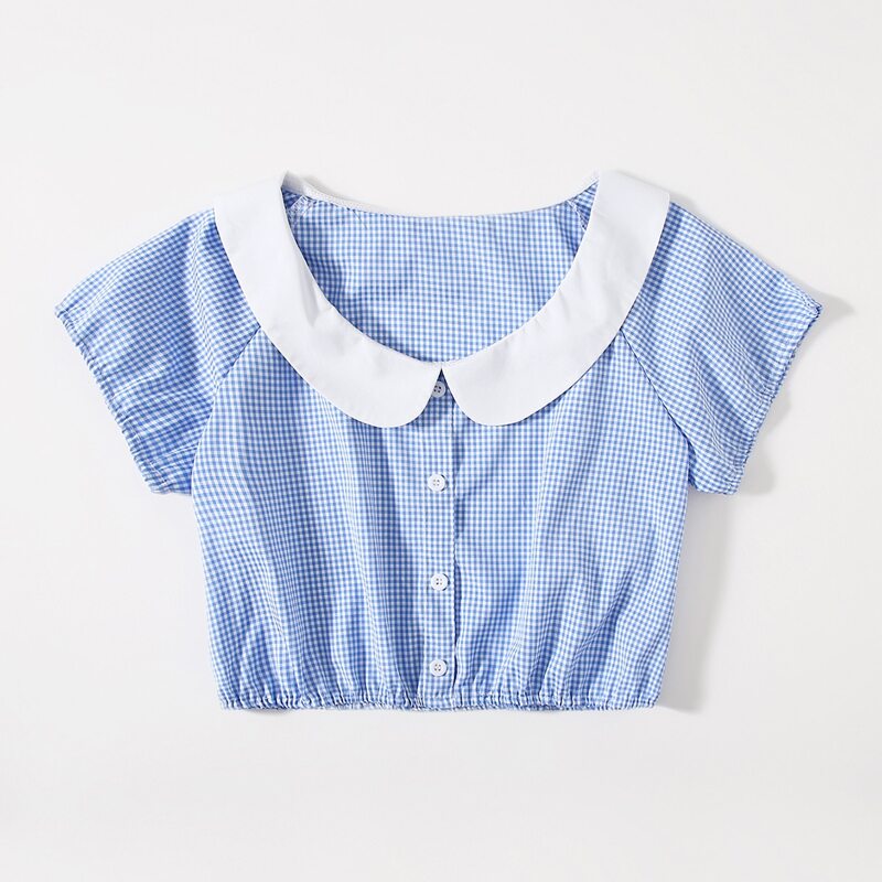 

Gingham Button Front Blouse, Blue and white