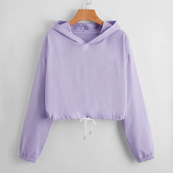 

Solid Drawstring Hem Hooded Sweatshirt, Lilac purple