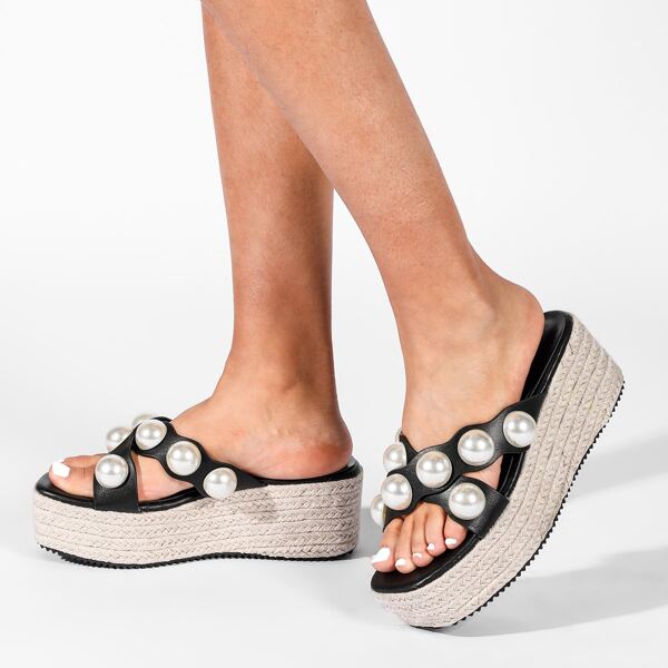 

Faux Pearl Decor Espadrille Flatform Mules, Black