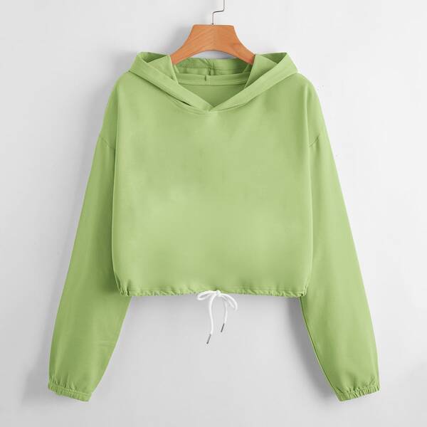 

Solid Drawstring Hem Hooded Sweatshirt, Lime green