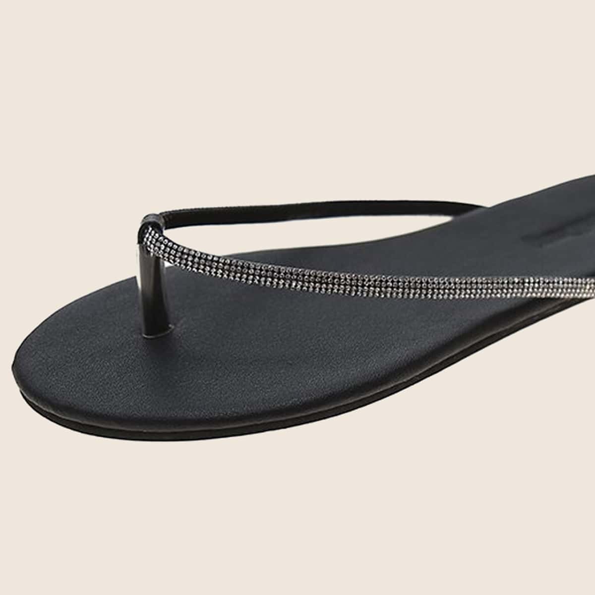 

Rhinestone Strap Thong Sandals, Black