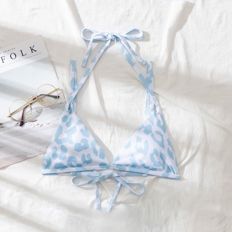 

Leopard Halter Micro Triangle Bikini Top, Blue and white