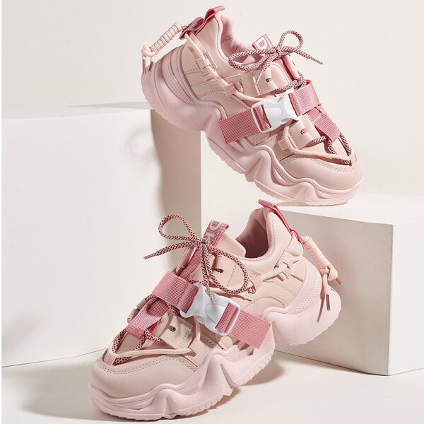 

Lace-up Mesh Chunky Sneakers, Pink