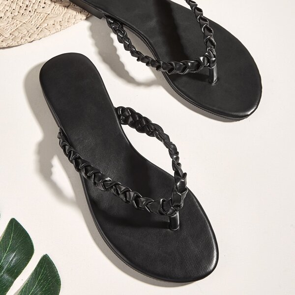 

Braided Flat Thong Sandals, Black